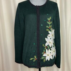 Tiara International Christmas Collection Poinsettia Y2K Zip Cardigan Sweater